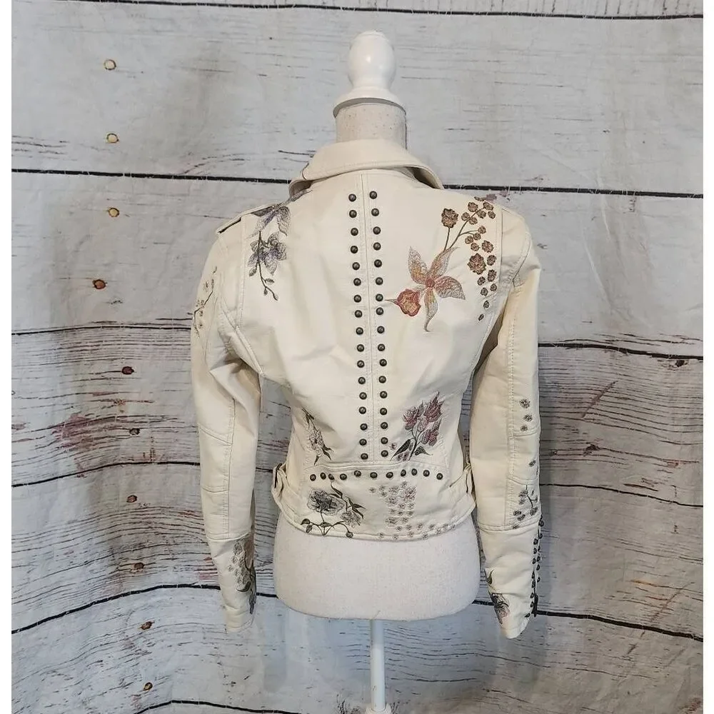 Blanknyc Embroidered Floral‎ Faux Leather Moto Jacket Size Small